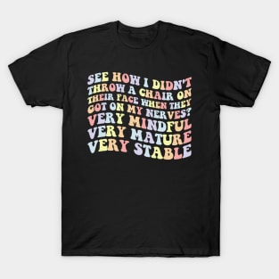 Didn't Throw A Chair? Very Mindful. Very Mature. Very Stable T-Shirt